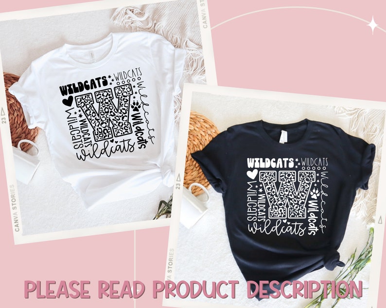 May include: Two t-shirts with a black and white graphic design of a leopard print letter W surrounded by the word "Wildcats" in a variety of sizes and orientations. The shirts are white and black.