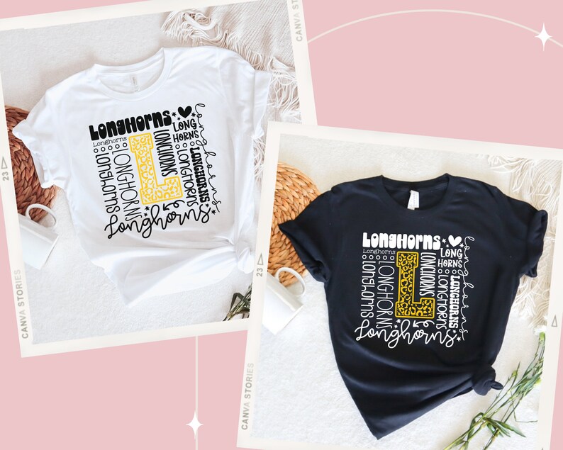 May include: Two t-shirts with a graphic design featuring the word "Longhorns" repeated in different sizes and styles. The graphic also includes a large letter "L" with a leopard print pattern. One t-shirt is white and the other is black.
