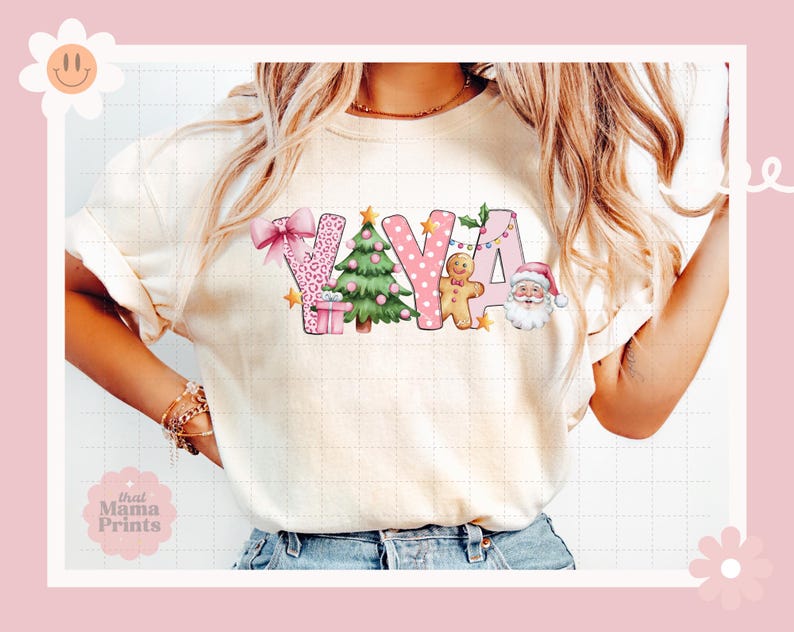 May include: A white t-shirt with a pink and green Christmas-themed design that says "YAYA". The design features a Christmas tree, a gingerbread man, a Santa Claus, and a leopard print pattern.