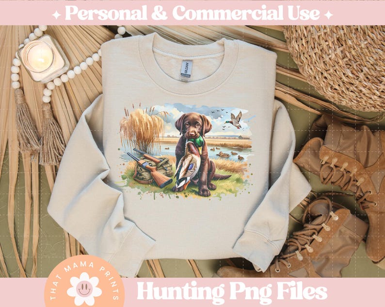 Puede incluir: Una sudadera beige con un estampado gr&aacute;fico de un perro marr&oacute;n y negro con un pato en la boca. El perro est&aacute; de pie en una zona cubierta de hierba con &aacute;rboles y agua en el fondo. El texto "That Mama Prints" est&aacute; en la esquina inferior izquierda de la sudadera.