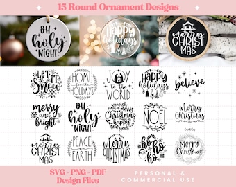 May include: Fifteen black and white round Christmas ornament designs with various holiday greetings. The designs include "Oh Holy Night", "Let It Snow", "Home for the Holidays", "Joy to the World", "Happy Holidays", "Believe", "Merry and Bright", "Noel", "Merry Christmas", "Peace on Earth", "Merry Christmas", "Ho Ho Ho", and "Merry Christmas".