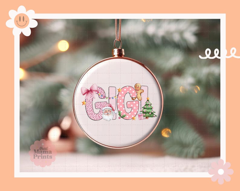 May include: A pink and white Christmas ornament with the name "GIGI" in a festive font. The ornament features a Santa Claus, a gingerbread man, a Christmas tree, and a gift box.