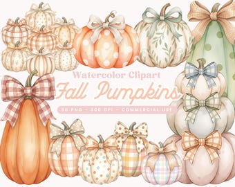 Fall Pumpkin Clipart Set, 50 PNG designs, 300 DPI, Autumn Watercolor Thanksgiving Clipart Halloween Rustic Sublimation Fall Sticker Bundle