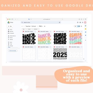May include: Screenshot of a Google Drive folder with several files labeled "Senior 2025" in different colors and styles. The files are organized in a grid format and each file has a preview image.