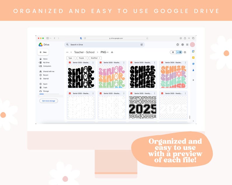 May include: Screenshot of a Google Drive folder with several files labeled "Senior 2025" in different colors and styles. The files are organized in a grid format and each file has a preview image.