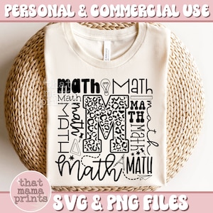 May include: A white t-shirt with a black design featuring the word "math" repeated in different styles and sizes. The letter "M" is a leopard print. The design includes a lightbulb, ruler, protractor, and other maths-related symbols.