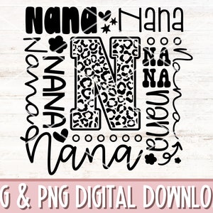 May include: Black and white digital download design featuring the letter N with a leopard print pattern and the word "Nana" repeated around it.