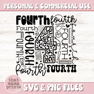 May include: Black and white graphic design featuring the number four in a leopard print pattern surrounded by the word "fourth" in various styles and sizes. The design includes school-related icons such as a ruler, pencil, calculator, and a star. The text "PERSONAL & COMMERCIAL USE" and "SVG & PNG FILES" are also included in the design.
