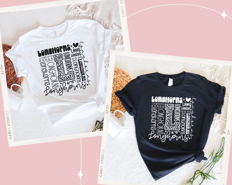 May include: Two t-shirts, one white and one black, with a graphic design featuring the word "Longhorns" repeated in a variety of sizes and styles. The design also includes a heart and a leopard print letter "L".