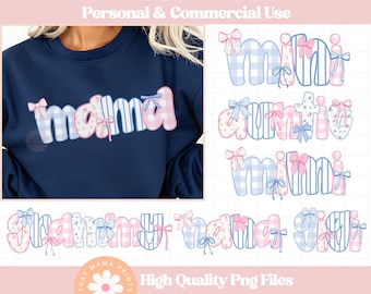 Preppy Mama PNG Bundle, Coquette Bow Girly Floral Pink Blue PNG, Vintage Grandmillennial Grammy Mama Mini Nana Gigi Mimi Auntie