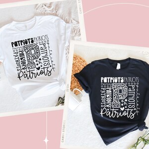 Peut inclure: Deux t-shirts avec un motif graphique noir et blanc repr&eacute;sentant le mot "Patriots" r&eacute;p&eacute;t&eacute; en cercle autour d'un grand "P" &agrave; motif l&eacute;opard. Les t-shirts sont disponibles en blanc et en noir.