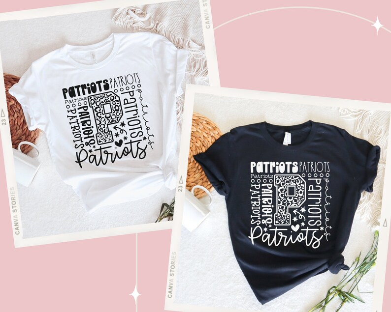 Peut inclure: Deux t-shirts avec un motif graphique noir et blanc repr&eacute;sentant le mot "Patriots" r&eacute;p&eacute;t&eacute; en cercle autour d'un grand "P" &agrave; motif l&eacute;opard. Les t-shirts sont disponibles en blanc et en noir.