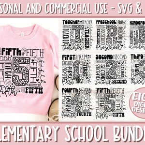 Grundschule SVG PNG Bundle, Klassenstufe SVG, Lehrer SVG Bundle, Typografie SVG, Vorschule SVG, Erster Schultag Png Sublimation