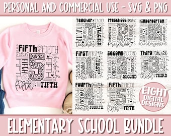 Elementary School SVG PNG Bundle, Grade Level Svg, Teacher Svg Bundle, Typography Svg, Preschool Svg, First Day of School Png Sublimation