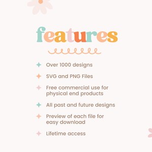 May include: A graphic with the word "features" in colorful letters, followed by a list of benefits: over 1000 designs, SVG and PNG files, free commercial use for physical end products, all past and future designs, preview of each file for easy download, and lifetime access.