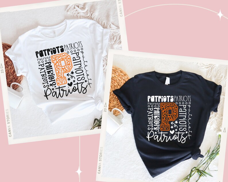 Peut inclure: Deux t-shirts avec un motif graphique repr&eacute;sentant le mot "Patriots" r&eacute;p&eacute;t&eacute; plusieurs fois et une grande lettre orange "P" avec un motif l&eacute;opard. La lettre "P" est entour&eacute;e d'&eacute;toiles et d'un c&oelig;ur.
