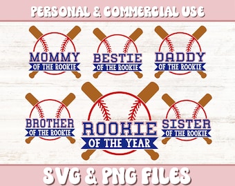 May include: Five baseball-themed designs with crossed bats and a baseball in the center. The designs feature the text "Mommy of the Rookie", "Bestie of the Rookie", "Daddy of the Rookie", "Brother of the Rookie", "Rookie of the Year", and "Sister of the Rookie".