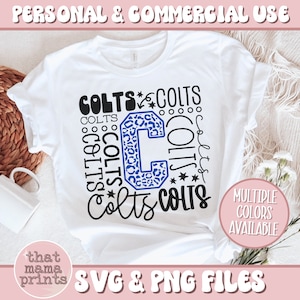 May include: A white t-shirt with a blue and black design that says "COLTS" multiple times. The design features a large "C" with a leopard print pattern. The text "MULTIPLE COLORS AVAILABLE" is also included on the shirt.