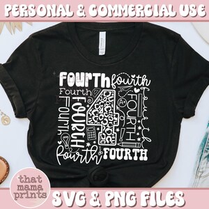 May include: Black t-shirt with a white graphic design of the number four with the word "fourth" repeated in different styles and sizes. The graphic also includes a calculator, a lightbulb, a pencil, and a heart.