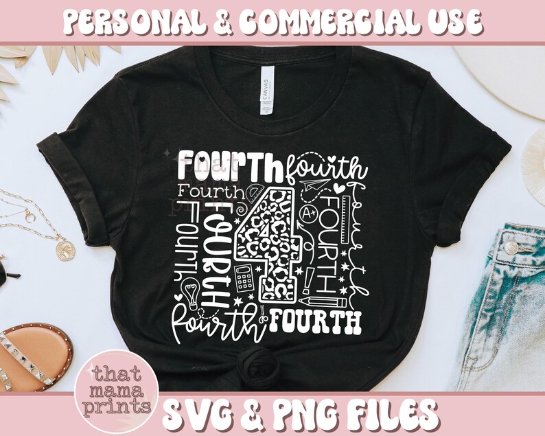 May include: Black t-shirt with a white graphic design of the number four with the word "fourth" repeated in different styles and sizes. The graphic also includes a calculator, a lightbulb, a pencil, and a heart.