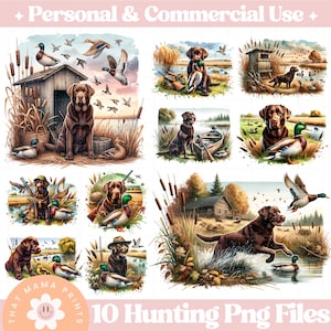 Puede incluir: Diez ilustraciones digitales de labradores retriever marrones cazando patos en varios entornos exteriores. Las ilustraciones son de estilo de dibujos animados con un efecto de acuarela. El texto "10 Hunting Png Files" est&aacute; en la parte inferior de la imagen.