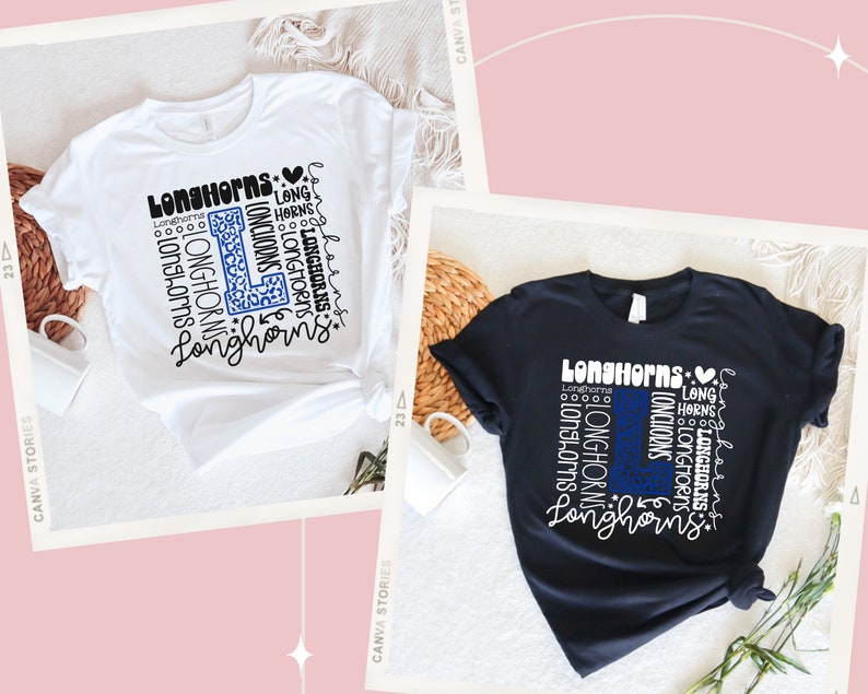 May include: Two t-shirts with a graphic design of the word "Longhorns" repeated in a pattern to form the letter "L". The design is in white with a blue and black leopard print inside the "L". One shirt is white and the other is black.