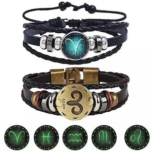 Constellation Charm Leather Zodiac Braided Men&#39;s Bracelet