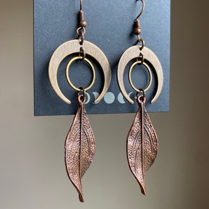 Boho Lunar Earrings: Raw Brass Moon, Rolled Copper Leaf