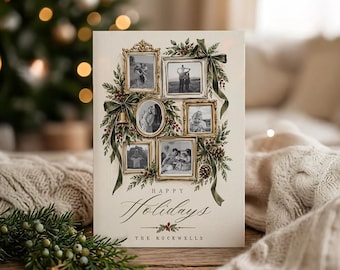 Peut inclure: Une carte de vœux rectangulaire présentant six cadres photo dorés et blancs ornés, disposés parmi des branches de pin illustrées, des baies rouges, des pommes de pin et un ruban vert. Le texte indique Happy Holidays et The Rockwells.