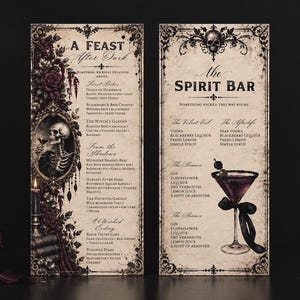 May include: Two rectangular menu cards with a vintage, aged paper texture. The left card features a skeleton illustration, dark roses, and the text A FEAST After Dark. The right card displays a skull, the text The SPIRIT BAR, and a cocktail glass.