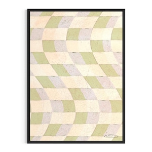 May include: Abstract painting of a wavy checkered pattern in shades of green, white, and beige. The painting is framed in black.