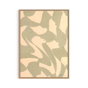 May include: Abstract art print with a beige background and green brushstrokes. The print is framed in a light brown wood frame.