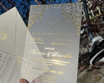 Acrylic Wedding Invitation: Gold Foil Leaves, Botanical Gold Logo