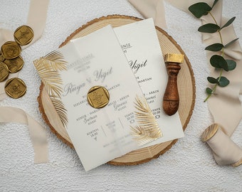 Vergulde gedrukte speciale uitnodigingskaart, goudfolie, stijlvolle bladeren, elegantie unieke romantische trouwkaart voor een stel, folie, roségoud.