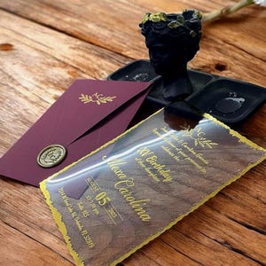 CUSTOM Acrylic Wedding Invitation Set with Wine Red Envelopes & Gold Gilding Printed Elegant Invites for Wedding Cards with Monogram