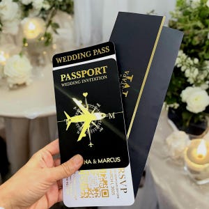 Hochzeitspassport Briefpapier mit Postumschlag, Goldfolienvergoldung gedruckt - Hochzeitsziel Luxus-Passport-Style-Karten, Ticket-Einladung
