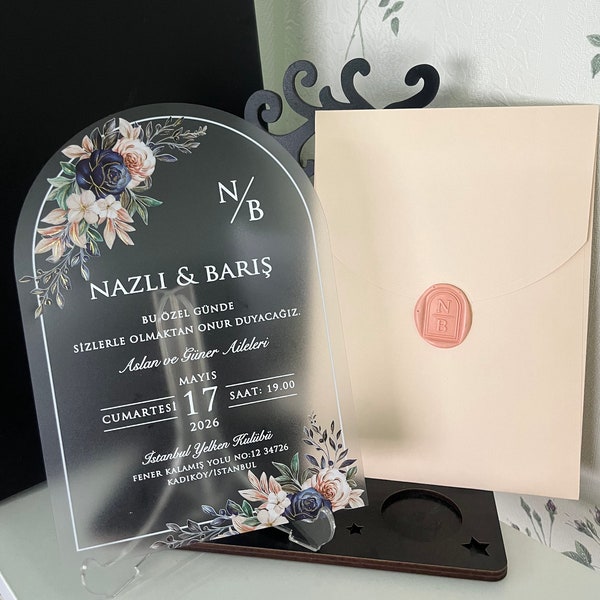 BOTANICAL Luxury Rose Gilded Gold Foil Print Acrylic WEDDING INVITATION With Letters Envelope