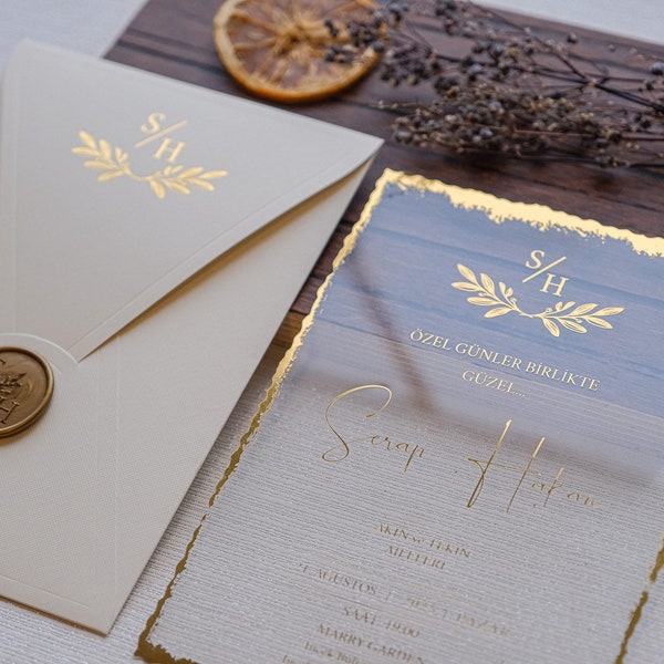 CUSTOM Acrylic WEDDING INVITATION Cards - Gilded Gold Foil Clear Monogrammed Luxury Cards With Envelopes