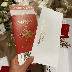 Convite de passaporte para casamento com envelope de correio, impressão em folha de ouro, convite de bilhete de casamento rústico para passaporte