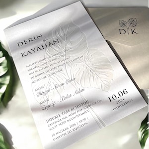 Conjunto de CONVITES de casamento com tema Monstera - Papelaria para casamento, Cartão de casamento tropical em acrílico com envelope para correspondência