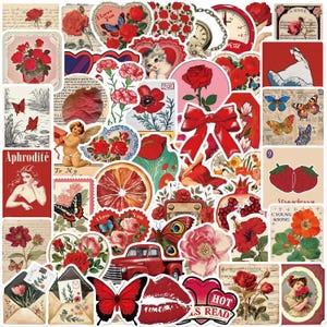 Red Stickers 50 Pcs/Set Vintage Style Cute Decals Craft Laptop Journal Waterproof PVC Sticker Pack Gift Birthday