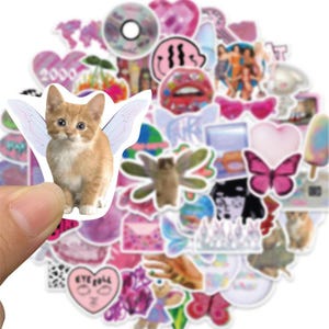 May include: A sheet of colorful stickers featuring a variety of designs, including a cat with wings, a butterfly, a heart, and a flower. The stickers are perfect for adding a touch of whimsy to laptops, water bottles, and other surfaces.