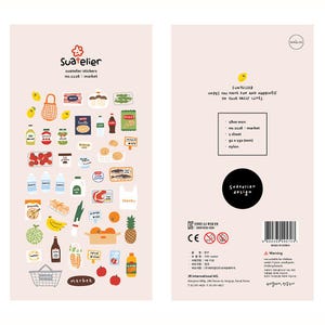 May include: A sheet of Suatelier stickers featuring illustrated grocery items like fruits, vegetables, and packaged foods. The stickers include text and are designed with a playful, colorful aesthetic. The sheet measures 92 x 150 mm.