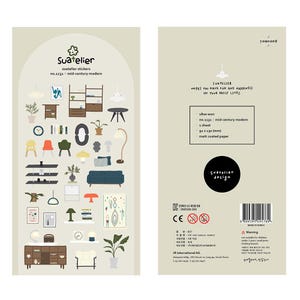 May include: A sheet of Suatelier stickers featuring mid-century modern furniture and decor illustrations. The stickers include images of chairs, tables, lamps, and plants. The text on the sheet reads "Suatelier" and "mid-century modern". The sheet measures 3.6 x 13.8 inches.