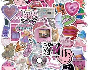 May include: A collection of colorful stickers featuring various designs, including hearts, butterflies, a TV, a phone, a camera, and a cat. The stickers are all in a pink and white color scheme and have a retro aesthetic.