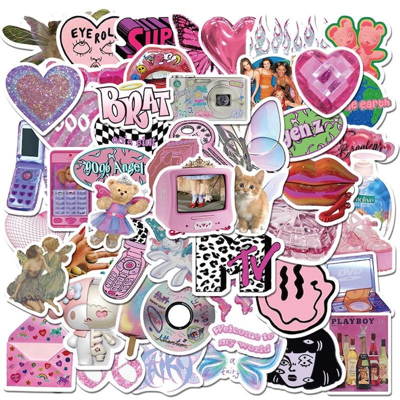 May include: A collection of colorful stickers featuring various designs, including hearts, butterflies, a TV, a phone, a camera, and a cat. The stickers are all in a pink and white color scheme and have a retro aesthetic.