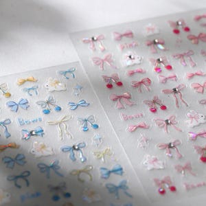 Blue/Pink Ribbons Nail Art Stickers Cherries Bunnies Summer Nails Manicure Fake Nails Cute Design Coquette Nail Style