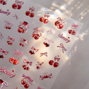 Cherry Nails Stickers, Nail Art Decals, Nail Art Supplies, Embossed Nail Decal, Summer Nails, Coquette Design, Pretty Nails, Bows