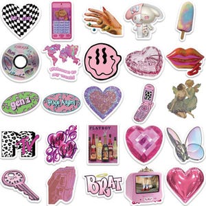 May include: A set of 20 colorful stickers featuring various designs, including hearts, butterflies, cartoon characters, and text. The stickers are perfect for decorating laptops, water bottles, journals, and other personal items.
