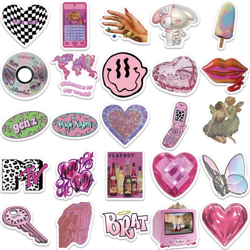 May include: A set of 20 colorful stickers featuring various designs, including hearts, butterflies, cartoon characters, and text. The stickers are perfect for decorating laptops, water bottles, journals, and other personal items.